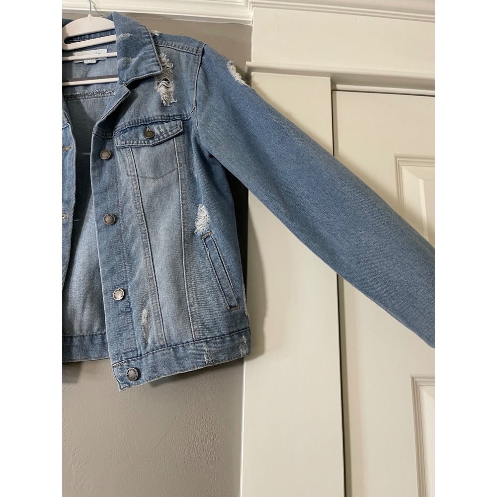 Cisono Distressed Denim Jacket Womens Small Medium Wash Trucker Jean Jacket - Picture 7 of 11